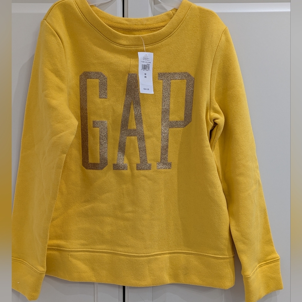 2/$25 GAP Kids Sweatshirt M 8 Yellow Glitter Logo Cotton Blend Pullover NWT